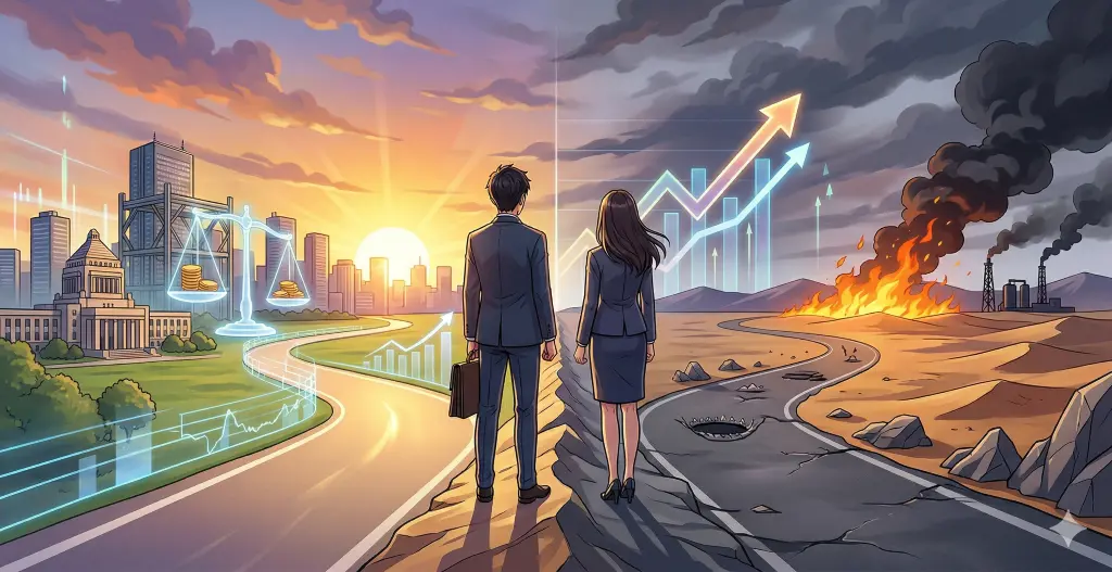 2026年度予算と日本経済の分水嶺。国会議事堂前のビジネスパーソンの前に道が分岐。金利グラフや中東の炎が、イラン戦争の影響とPB黒字化の罠を表現。