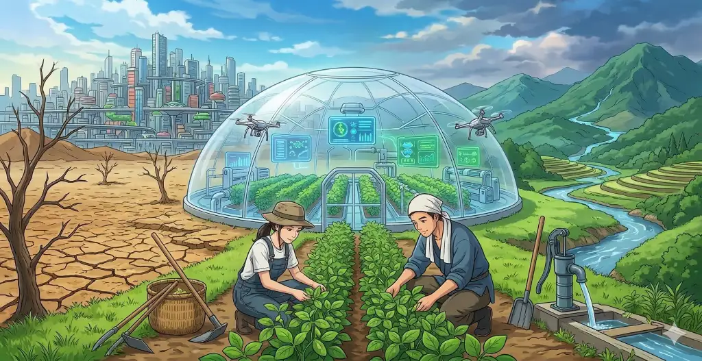 気候変動下の荒野と山々に挟まれ、ハイテクドーム農場と伝統的な農具を使い、現代と伝統の農作業着の男女が大豆を育てる未来の生存戦略。