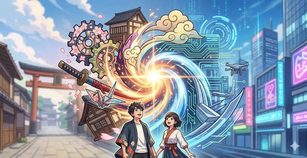 伝統的な和の要素と近未来の技術が渦を巻き、中央で光り輝く。シュンペーターの新結合を象徴し、日本流のアレンジによるイノベーションを表現。