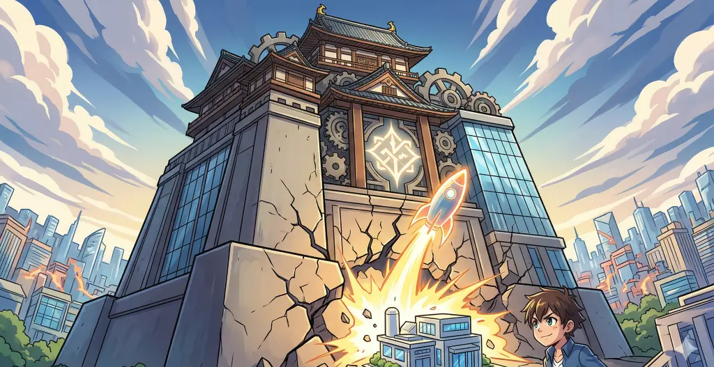 巨大な城壁を持つ優良企業の拠点が、足元から突き上げる衝撃で破壊される様子。イノベーションのジレンマが引き起こす劇的な変化を象徴している。