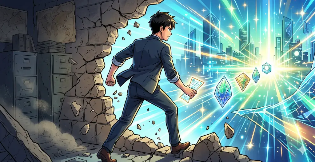 イノベーションのジレンマを突破する男性が、マーケットリサーチの壁を壊し、5つの光る処方箋を手に未来へ進む。