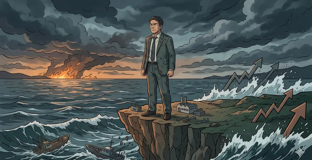 断崖絶壁で荒波(物価高騰)を見つめる中小企業の経営者。背景には遠く燃える炎(イラン有事)が描かれ、日本経済の危機を表現。