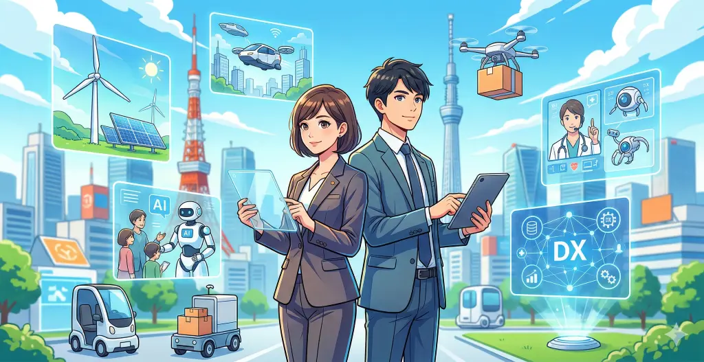 2026年の日本経済と成長市場を象徴する、DXやAI、再生可能エネルギーなどの技術革新が融合した未来の都市で活躍するビジネスパーソン。