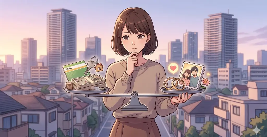 天秤に乗せられた経済的安定と精神的成長の価値を見比べる、現代日本の女性の思案げな表情と背景の街並み。