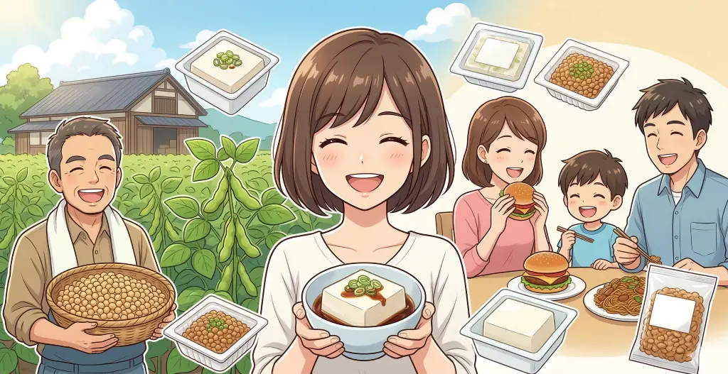 笑顔の女性が豆腐を掲げ、農家や家族が非組み換え大豆製品や大豆ミートを囲む。食卓の納豆や料理が安心で豊かな食生活を象徴している。