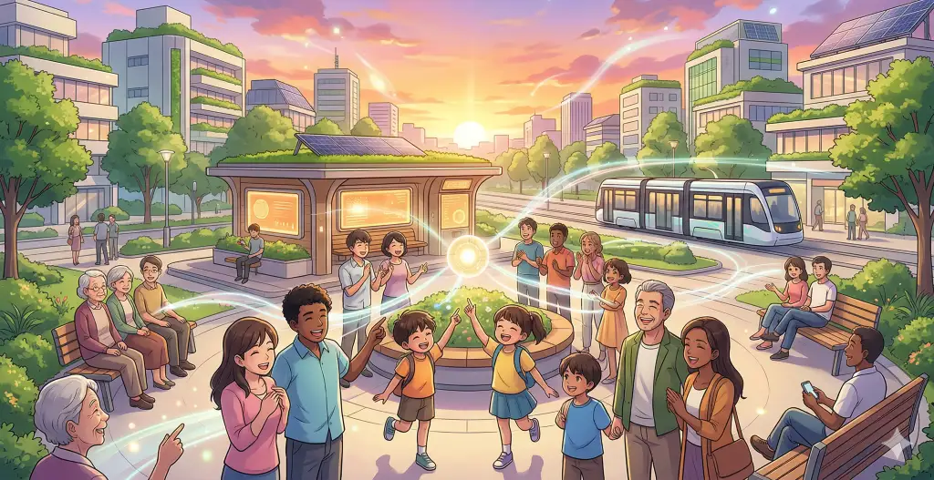 多様な世代の市民が笑顔で交流する、イノベーションと自然が調和したスマートシティの風景。人々の幸せな暮らしが体現されている。