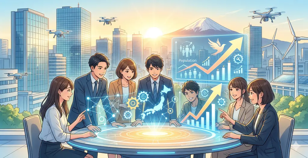 朝日が昇る日本の都市で、若手プロフェッショナルたちがホログラフィックなデータを共有し、オープンイノベーションによる未来の成長と「日本の底力」を追求する様子。