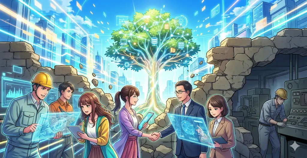 DX時代、古い体制の壁を破り、多様なメンバーが協力してデジタルな未来の木を育むオープンイノベーション。