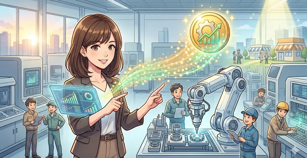 補助金活用と省力化投資をテーマに、工場でタブレットを掲げる女性と産業用ロボット。資金調達の成功を象徴する輝くコインが中央に位置する。