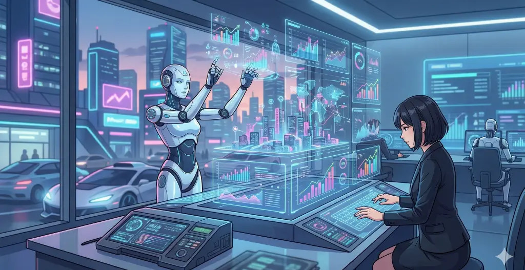 AIと人間がホログラムの統計グラフを共有し、デジタルマーケティングのKPI経営を推進する2026年の近未来的なオフィス。