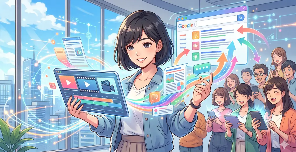 SEOや動画、コンテンツマーケティングを象徴する画面を背景に、女性がタブレットから多くの顧客へ価値ある情報を届ける。