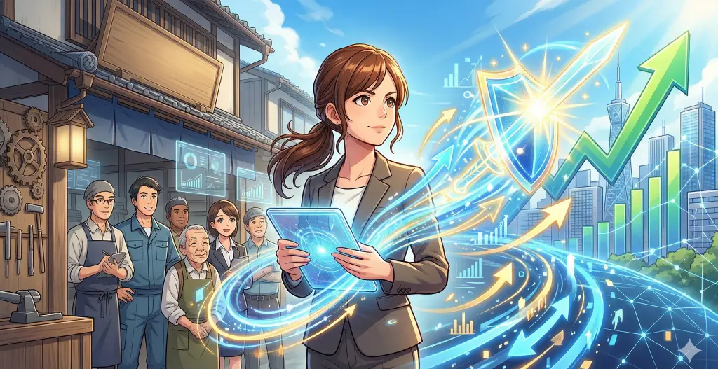伝統的な工場の労働者が見守る中、ビジネス女性がタブレットからデータの剣と盾を放ち、中小企業をデジタルマーケティングで未来へ導く。