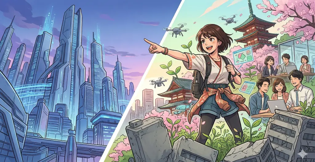 GAFAMを象徴する未来都市を背に、日本企業の失われた30年を打破すべく、瓦礫から芽吹くスタートアップが未来を指差し挑戦する。