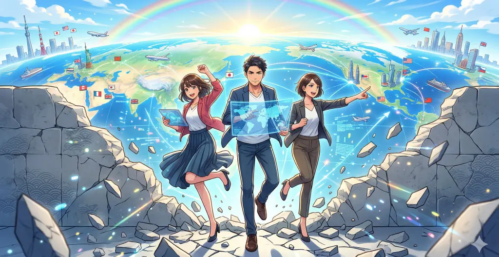 崩れた壁を乗り越え、世界中の都市とネットワークで繋がる光り輝く地球儀に向かって力強く走る日本のスタートアップチーム。