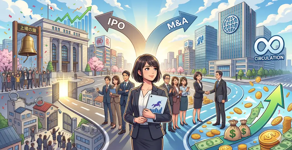 女性起業家が、上場の鐘があるIPOの道と、大企業との握手と資金循環が続くM&Aの道を見つめ、未来のEXIT戦略を考えている。