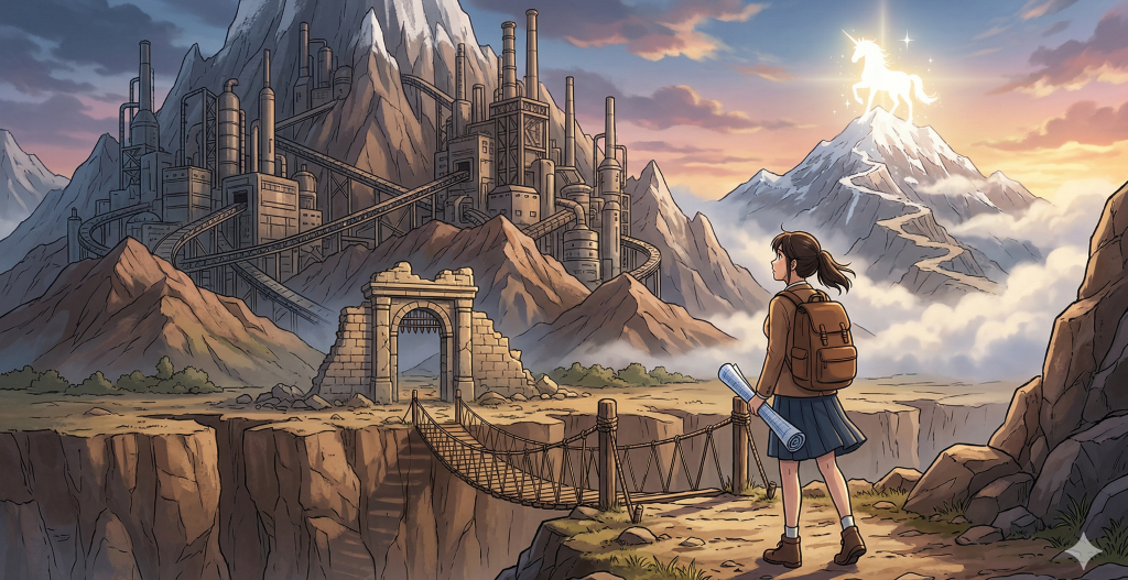 険しい谷や量産化の壁を象徴する巨大工場を前に、光り輝くユニコーン企業を目指すスタートアップ。遠い山頂を見つめ、険しい道のりへ立ち向かう決意を描く。