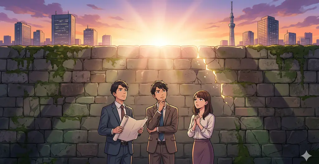 朝焼けの街と巨大な壁を前に、事業化の壁に挑む若き起業家たち。人材不足という課題を抱えつつ、光の差す先を見据える日本のビジネスパーソン。