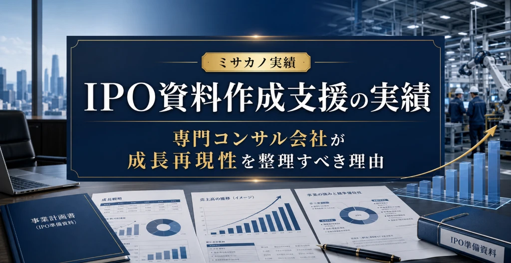 IPO資料作成支援の実績を示すアイキャッチ。事業計画書、成長グラフ、製造現場を背景に、専門コンサル会社の成長再現性整理を表現。