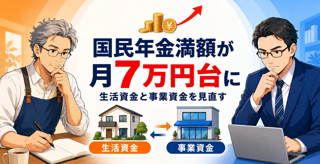 国民年金満額が月7万円台になったことを受け、生活資金と事業資金の見直しを考える自営業者と中小企業経営者の画像