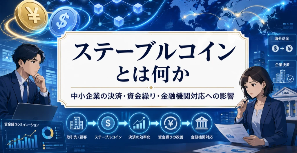 ステーブルコインが中小企業の決済、資金繰り、金融機関対応に与える影響を示した金融イメージのアイキャッチ画像
