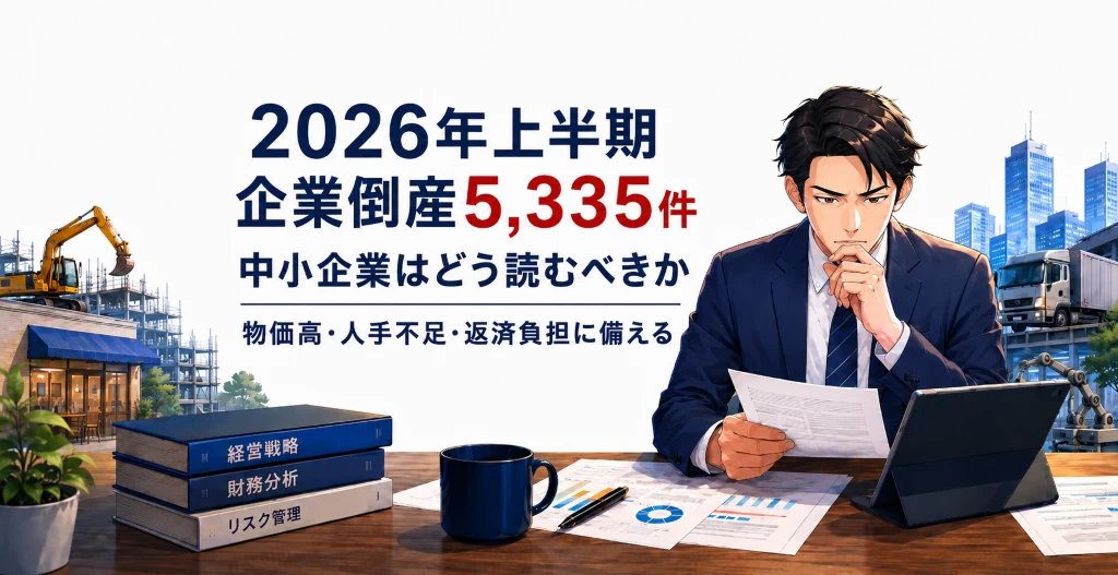 2026年上半期の企業倒産5,335件をテーマに、中小企業経営者が資金繰り資料を確認する画像