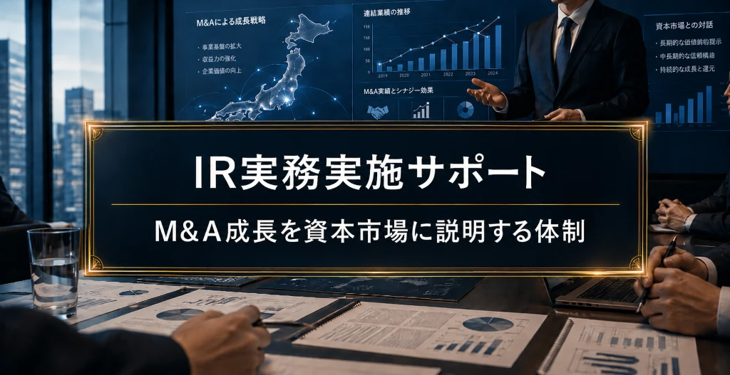 IR実務実施サポートの実績を示す、M&A成長戦略と資本市場への説明体制を表した会議風景