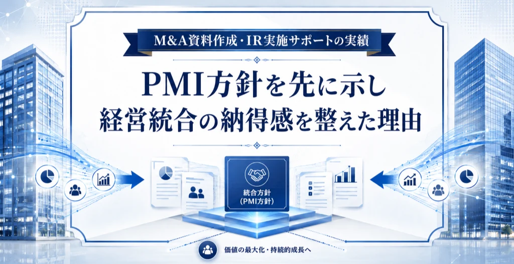 M&A資料作成・IR実施サポートでPMI方針を先に示し、経営統合の納得感を整える流れを表したアイキャッチ画像