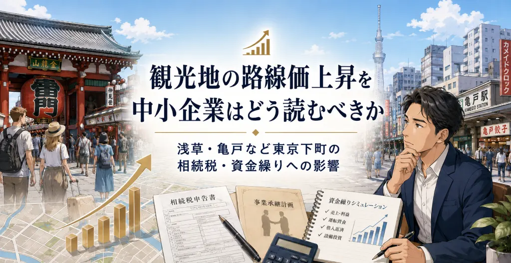 インバウンド需要により浅草・亀戸など東京下町で進む路線価上昇と、中小企業の相続税・資金繰りへの影響を示すアイキャッチ画像