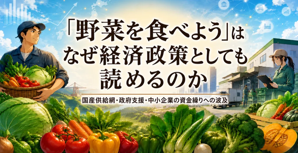 野菜消費が農業・物流・中小企業の資金繰りへ波及する仕組みを描いたアイキャッチ画像