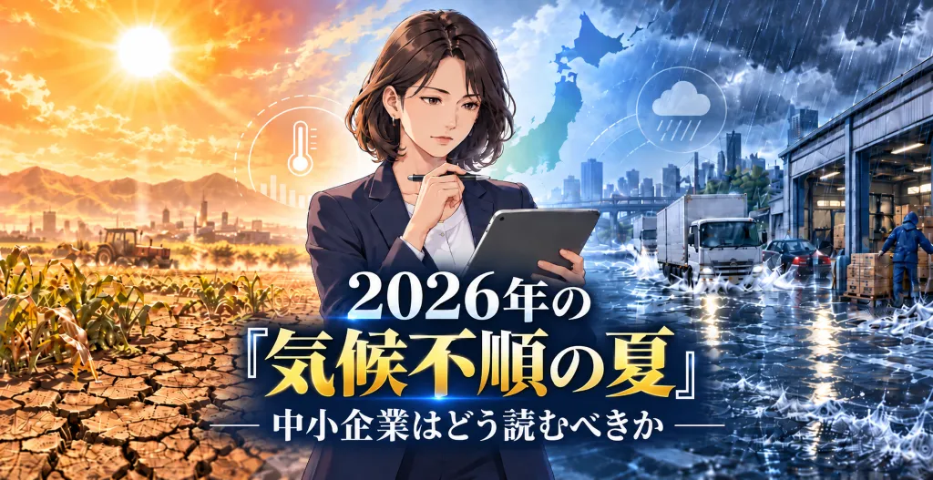猛暑・少雨と大雨・水害が同時進行した2026年夏の気象リスクを分析する中小企業経営者のイメージ
