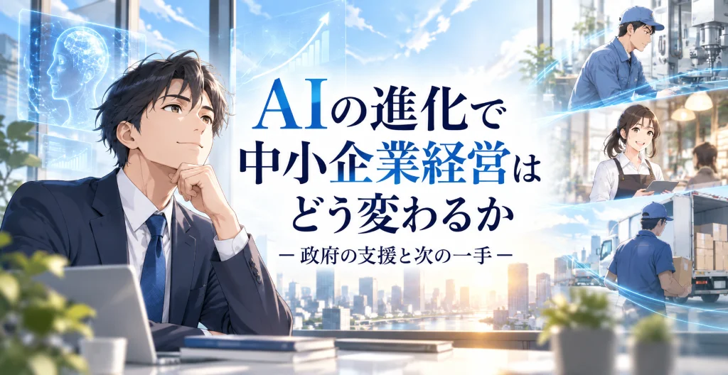 AIを活用する中小企業経営者と製造・小売・物流の現場を描いたイメージ画像