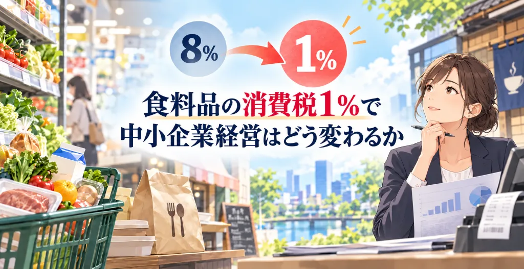 食料品の消費税8%から1%への引下げが中小企業経営に与える影響を考える女性経営者のイラスト