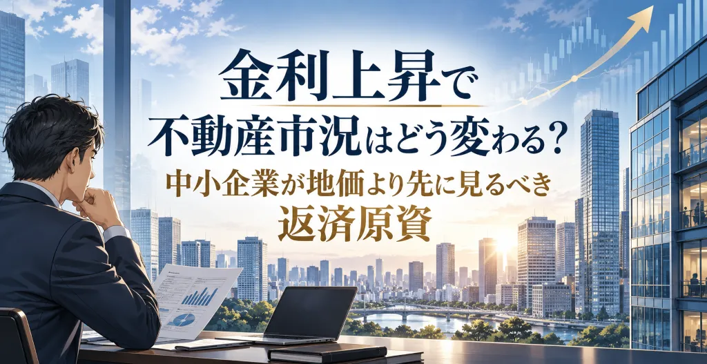 金利上昇で変わる不動産市況と、中小企業が地価より先に返済原資を確認する重要性を表したイラスト