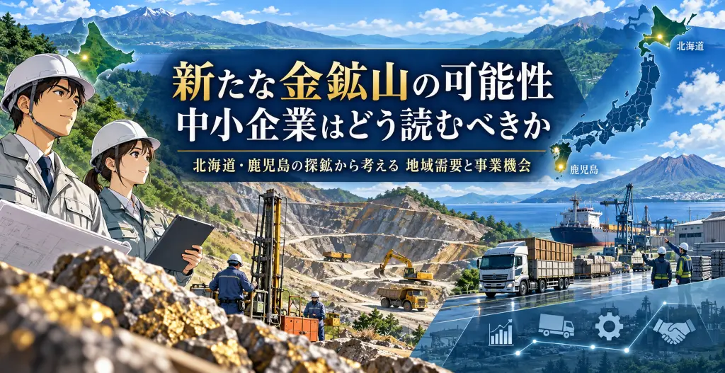 北海道・鹿児島の金探鉱と鉱山開発を背景に、中小企業の地域需要と事業機会を描いたイラストのアイキャッチ画像