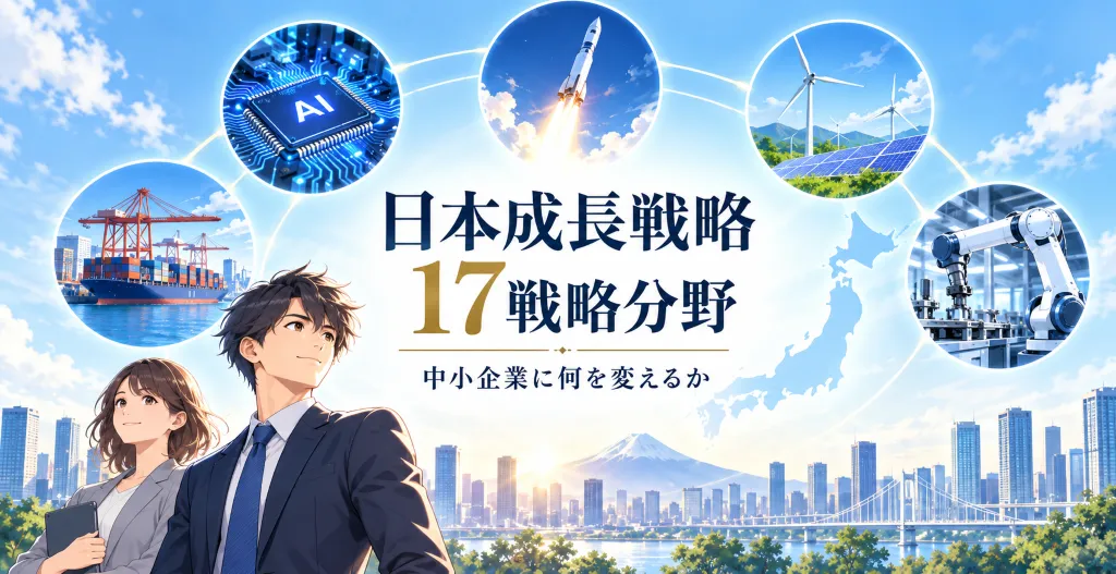 日本成長戦略の17戦略分野と中小企業への影響を表現したアイキャッチ画像