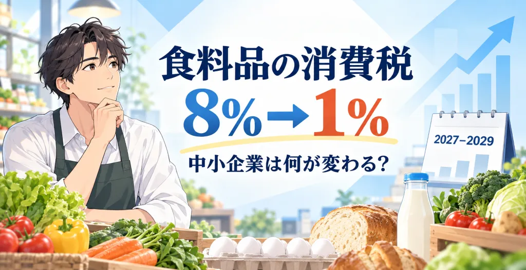 食料品の消費税8%から1%への引下げ方針と中小企業への影響を表したイメージ