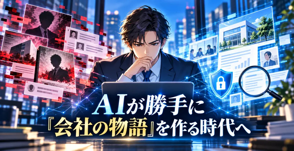 AIが作る偽情報と企業の公式情報の対比を背景に、会社の信用管理と情報セキュリティを考えるスーツ姿の男性を描いたアイキャッチ画像