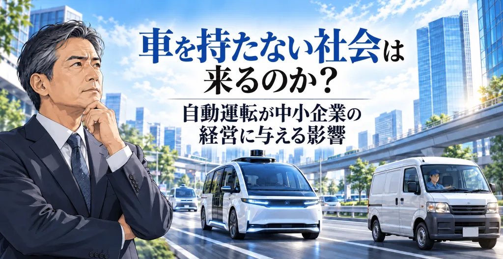 自動運転車と従来の商用車が走る都市を背景に、車を持たない社会が中小企業経営に与える影響を考えるアイキャッチ画像