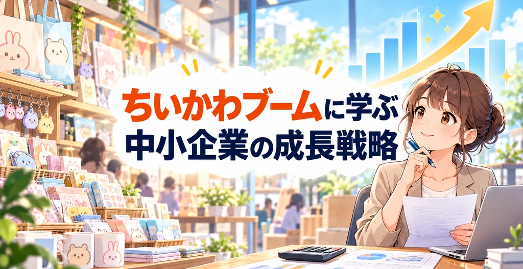 「ちいかわブームに学ぶ中小企業の成長戦略」のタイトルと、キャラクター雑貨店、売上資料や電卓を前に経営戦略を考える女性を描いたアイキャッチ画像