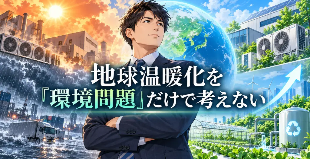 地球温暖化による猛暑・豪雨などの経営リスクと、省エネ・再生可能エネルギー・農業などの成長機会を描いた中小企業向けのイメージ画像